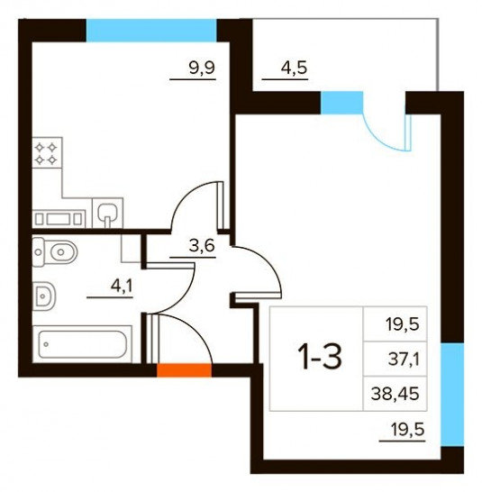 Однокомнатная квартира 38.45 м²