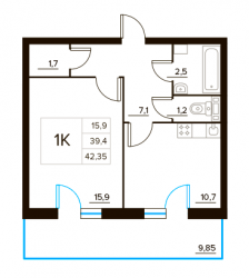 Однокомнатная квартира 42.35 м²